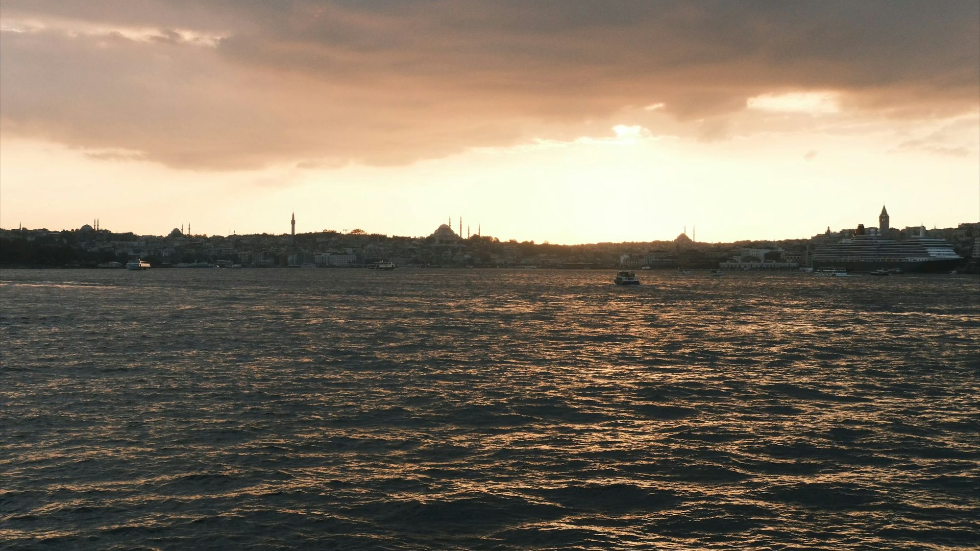 The Istanbul skyline at sunset across the Bosphorus